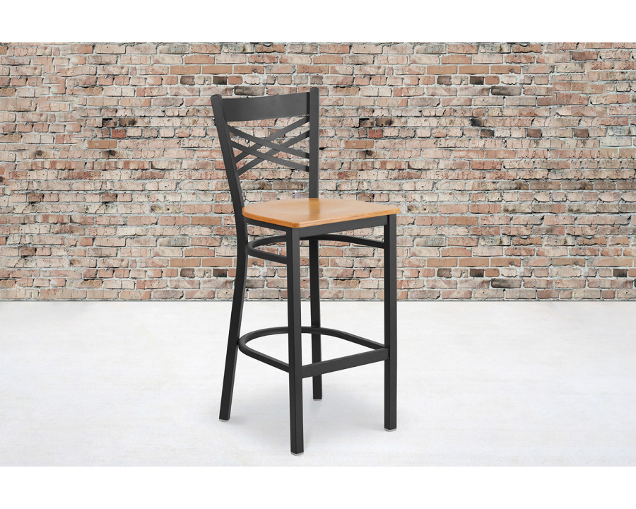 BLNK HERCULES Series Black Metal "X" Back Restaurant Bar Stool with Wood Seat - Natural