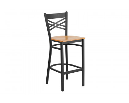 BLNK HERCULES Series Black Metal "X" Back Restaurant Bar Stool with Wood Seat - Natural