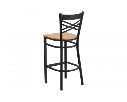 BLNK HERCULES Series Black Metal "X" Back Restaurant Bar Stool with Wood Seat - Natural