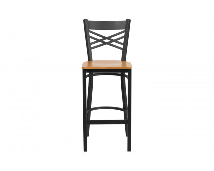 BLNK HERCULES Series Black Metal "X" Back Restaurant Bar Stool with Wood Seat - Natural