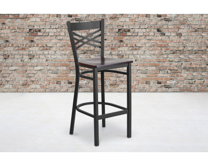 BLNK HERCULES Series Black Metal "X" Back Restaurant Bar Stool with Wood Seat