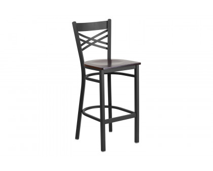 BLNK HERCULES Series Black Metal "X" Back Restaurant Bar Stool with Wood Seat - Walnut