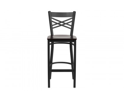 BLNK HERCULES Series Black Metal "X" Back Restaurant Bar Stool with Wood Seat - Walnut