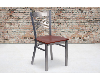 BLNK HERCULES Series Clear Coated Metal X Back Restaurant Chair with Wood Seat