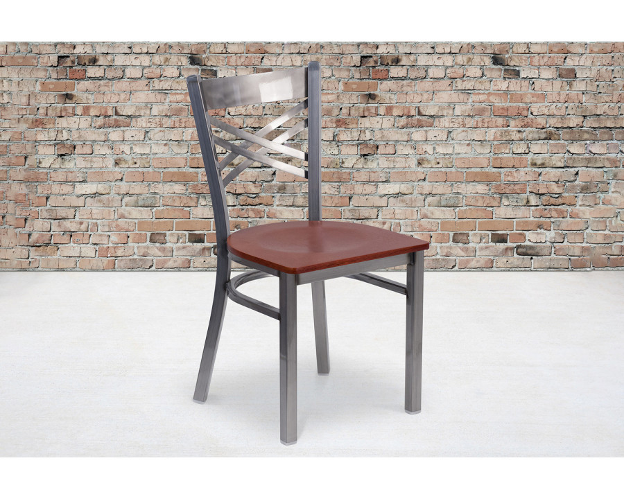 BLNK HERCULES Series Clear Coated Metal X Back Restaurant Chair with Wood Seat - Cherry