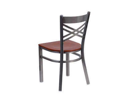 BLNK HERCULES Series Clear Coated Metal X Back Restaurant Chair with Wood Seat - Cherry