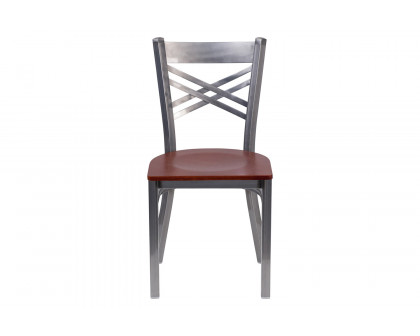 BLNK HERCULES Series Clear Coated Metal X Back Restaurant Chair with Wood Seat - Cherry