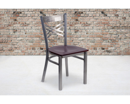 BLNK HERCULES Series Clear Coated Metal X Back Restaurant Chair with Wood Seat