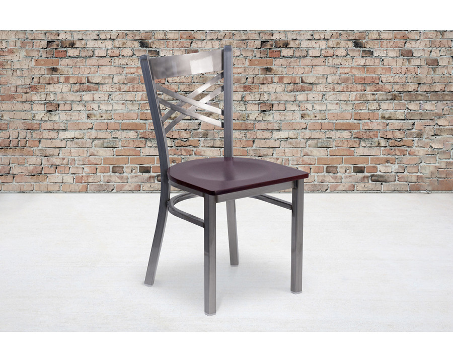 BLNK HERCULES Series Clear Coated Metal X Back Restaurant Chair with Wood Seat - Mahogany