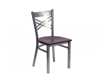 BLNK HERCULES Series Clear Coated Metal X Back Restaurant Chair with Wood Seat - Mahogany