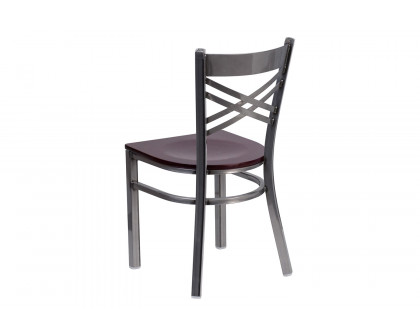 BLNK HERCULES Series Clear Coated Metal X Back Restaurant Chair with Wood Seat - Mahogany