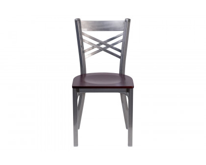 BLNK HERCULES Series Clear Coated Metal X Back Restaurant Chair with Wood Seat - Mahogany