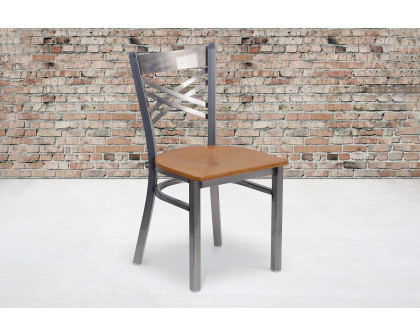 BLNK HERCULES Series Clear Coated Metal X Back Restaurant Chair with Wood Seat