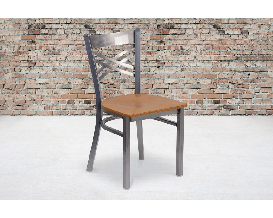 BLNK HERCULES Series Clear Coated Metal X Back Restaurant Chair with Wood Seat - Natural