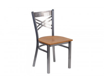 BLNK HERCULES Series Clear Coated Metal X Back Restaurant Chair with Wood Seat - Natural