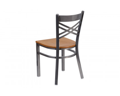 BLNK HERCULES Series Clear Coated Metal X Back Restaurant Chair with Wood Seat - Natural