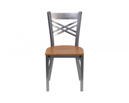 BLNK HERCULES Series Clear Coated Metal X Back Restaurant Chair with Wood Seat - Natural