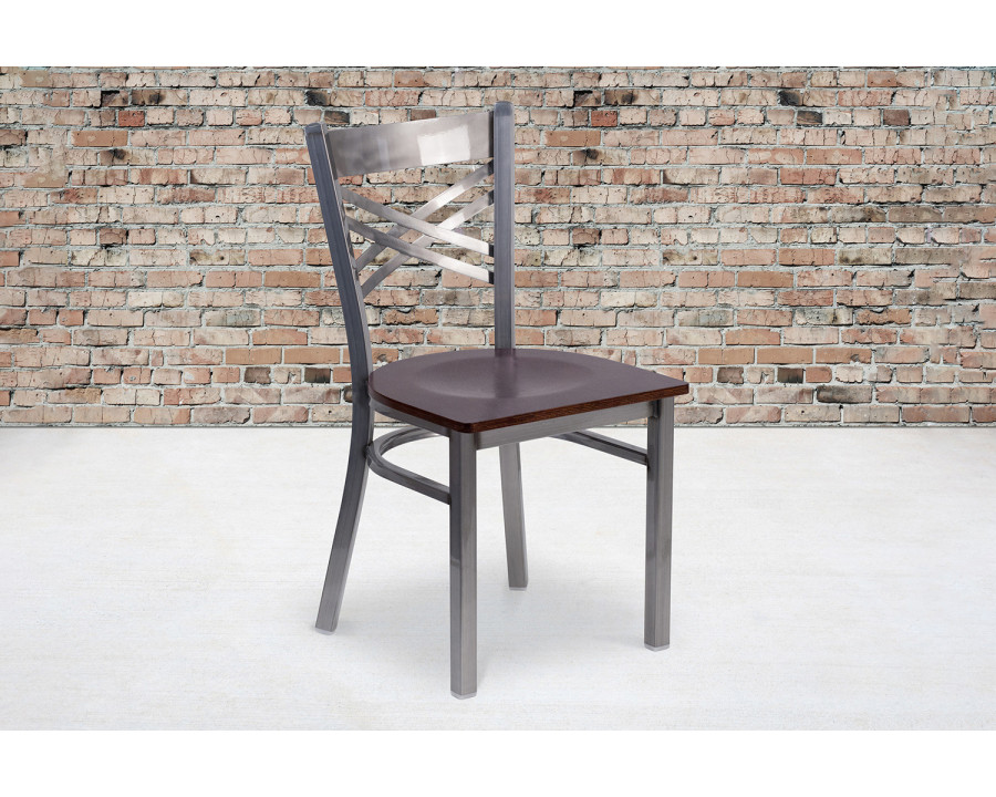 BLNK HERCULES Series Clear Coated Metal X Back Restaurant Chair with Wood Seat