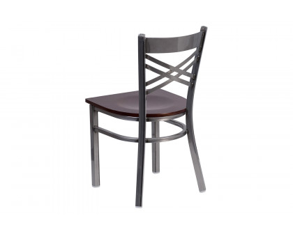 BLNK HERCULES Series Clear Coated Metal X Back Restaurant Chair with Wood Seat - Walnut