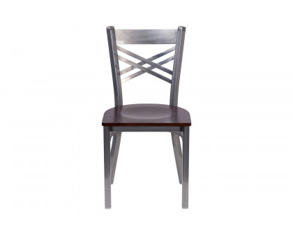 BLNK HERCULES Series Clear Coated Metal X Back Restaurant Chair with Wood Seat - Walnut