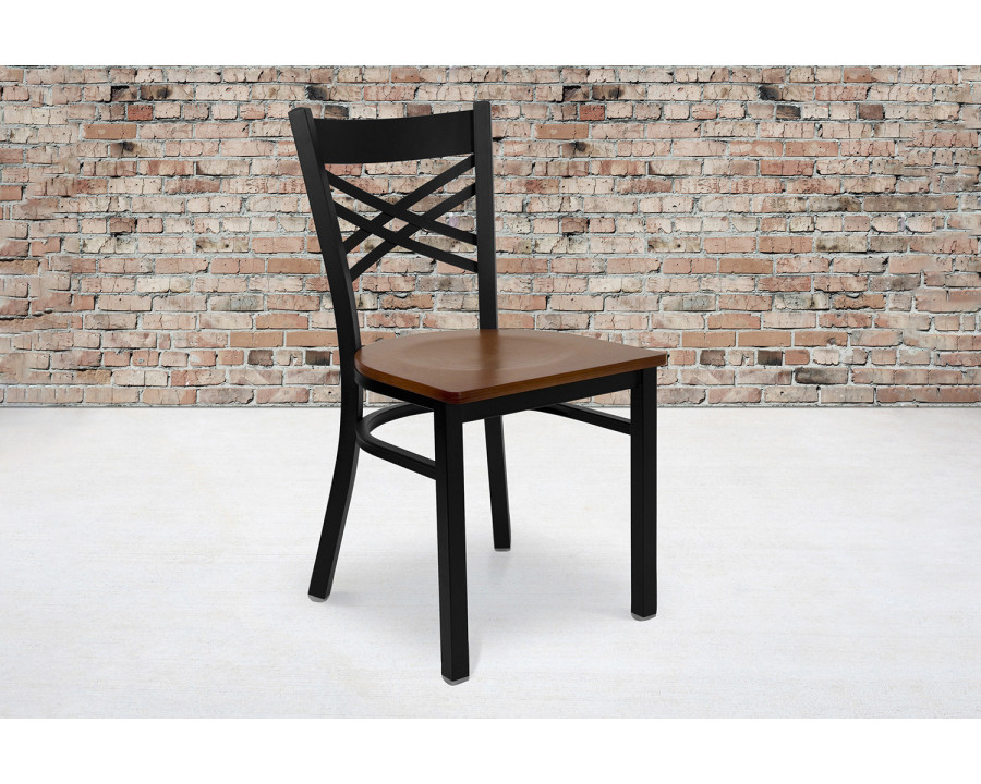 BLNK HERCULES Series Black Metal X" Back Restaurant Chair with Wood Seat