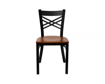 BLNK HERCULES Series Black Metal X" Back Restaurant Chair with Wood Seat - Cherry