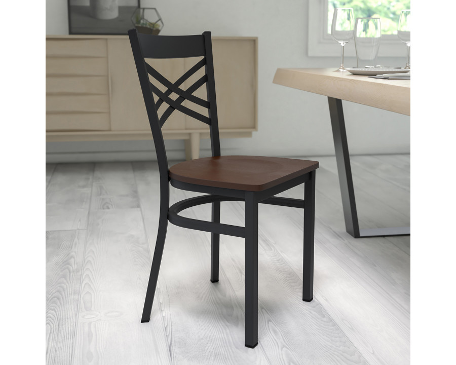 BLNK HERCULES Series Black Metal X" Back Restaurant Chair with Wood Seat - Mahogany