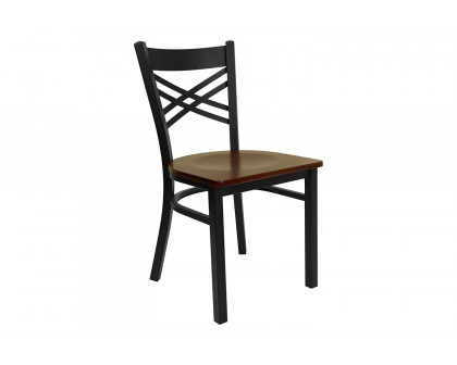 BLNK HERCULES Series Black Metal X" Back Restaurant Chair with Wood Seat - Mahogany