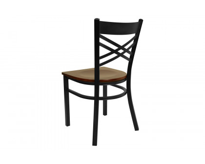 BLNK HERCULES Series Black Metal X" Back Restaurant Chair with Wood Seat - Mahogany