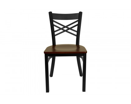 BLNK HERCULES Series Black Metal X" Back Restaurant Chair with Wood Seat - Mahogany