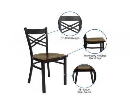 BLNK HERCULES Series Black Metal X" Back Restaurant Chair with Wood Seat - Mahogany