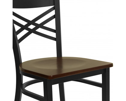 BLNK HERCULES Series Black Metal X" Back Restaurant Chair with Wood Seat - Mahogany