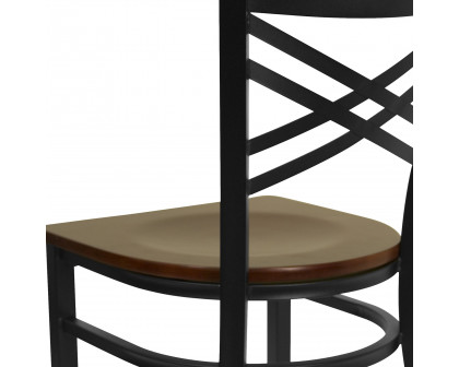 BLNK HERCULES Series Black Metal X" Back Restaurant Chair with Wood Seat - Mahogany