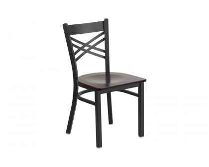 BLNK HERCULES Series Black Metal X" Back Restaurant Chair with Wood Seat - Walnut