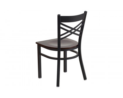 BLNK HERCULES Series Black Metal X" Back Restaurant Chair with Wood Seat - Walnut