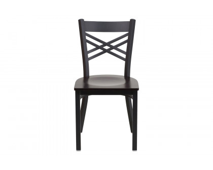 BLNK HERCULES Series Black Metal X" Back Restaurant Chair with Wood Seat - Walnut