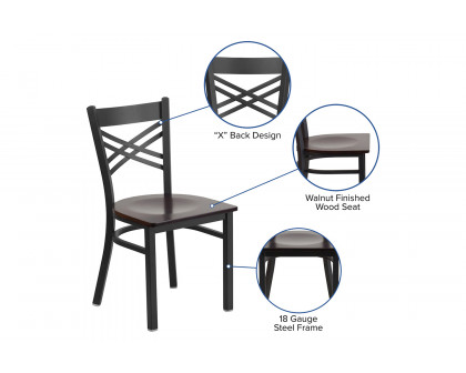 BLNK HERCULES Series Black Metal X" Back Restaurant Chair with Wood Seat - Walnut