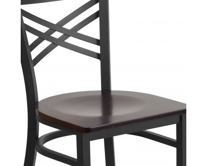 BLNK HERCULES Series Black Metal X" Back Restaurant Chair with Wood Seat - Walnut