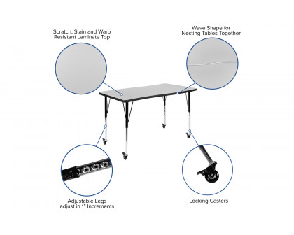 BLNK Wren Mobile Rectangular Thermal Laminate Wave Flexible Collaborative Activity Table - Gray, 28"W x 47.5"L, with Standard Height Adjustable Legs