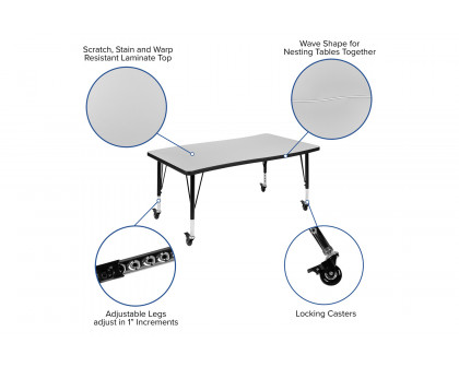 BLNK Wren Mobile Rectangular Thermal Laminate Wave Flexible Collaborative Activity Table - Gray, 28"W x 47.5"L, with Short Height Adjustable Legs