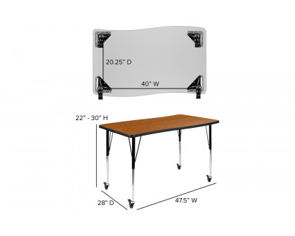 BLNK Wren Mobile Rectangular Thermal Laminate Wave Flexible Collaborative Activity Table - Oak, 28"W x 47.5"L, with Standard Height Adjustable Legs