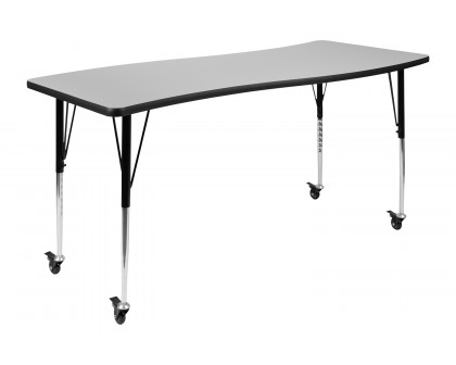 BLNK Wren Mobile Rectangular Thermal Laminate Wave Flexible Collaborative Activity Table - Gray, 26"W x 60"L, with Standard Height Adjustable Legs