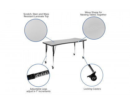 BLNK Wren Mobile Rectangular Thermal Laminate Wave Flexible Collaborative Activity Table - Gray, 26"W x 60"L, with Standard Height Adjustable Legs