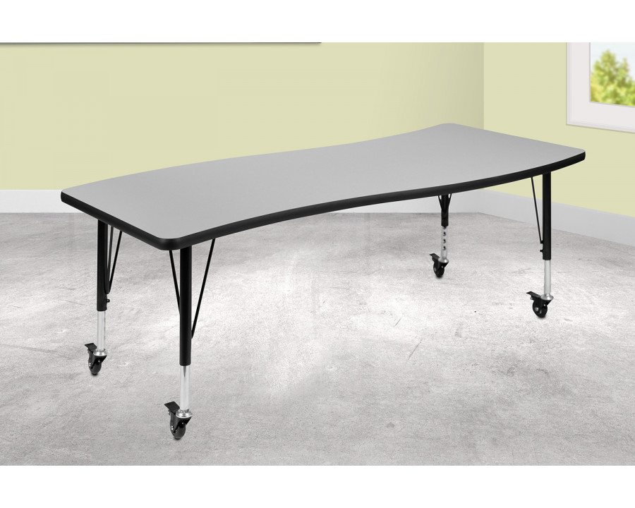 BLNK Wren Mobile Rectangular Thermal Laminate Wave Flexible Collaborative Activity Table - Gray, 26"W x 60"L, with Short Height Adjustable Legs