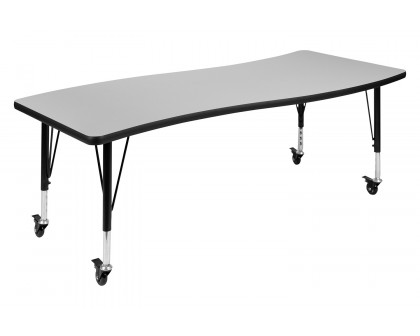 BLNK Wren Mobile Rectangular Thermal Laminate Wave Flexible Collaborative Activity Table - Gray, 26"W x 60"L, with Short Height Adjustable Legs