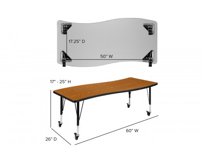 BLNK Wren Mobile Rectangular Thermal Laminate Wave Flexible Collaborative Activity Table - Oak, 26"W x 60"L, with Short Height Adjustable Legs