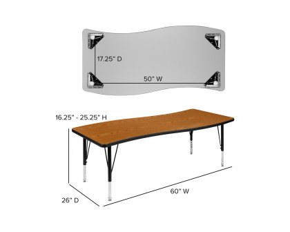 BLNK Wren Rectangular Thermal Laminate Wave Flexible Collaborative Activity Table - Oak, 26"W x 60"L, with Short Height Adjustable Legs