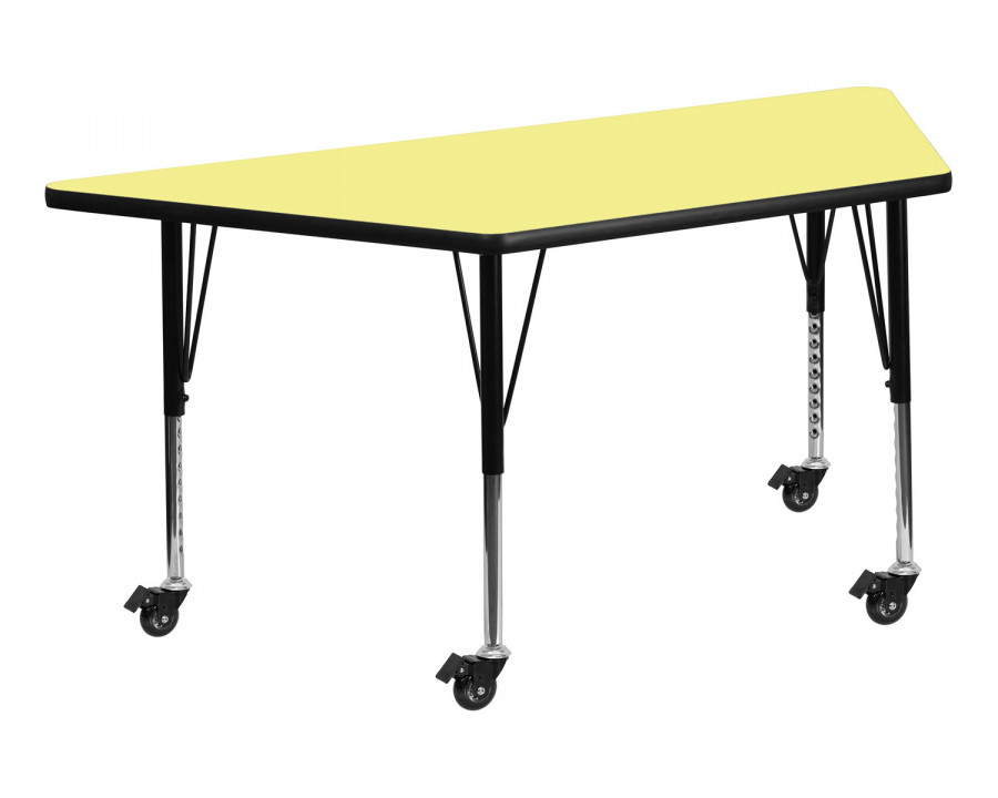 BLNK Wren Mobile Trapezoid Thermal Laminate Activity Table - Yellow, with Short Height Adjustable Legs