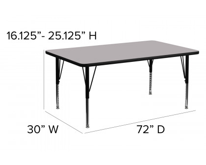 BLNK Wren Rectangular Thermal Laminate Activity Table - Gray, 30"W x 72"L, with Short Height Adjustable Legs