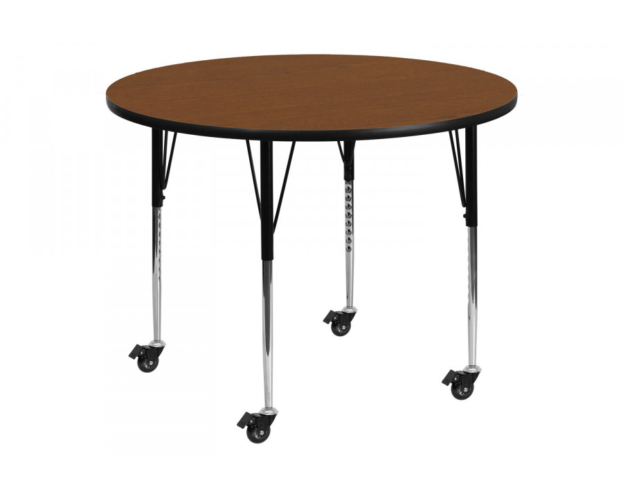 BLNK Wren Mobile Round HP Laminate Activity Table - Oak, 42"D, with Standard Height Adjustable Legs